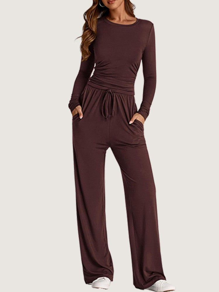Side Ruched Crop Top Wide Leg Yoga Pants Set - Coffee
