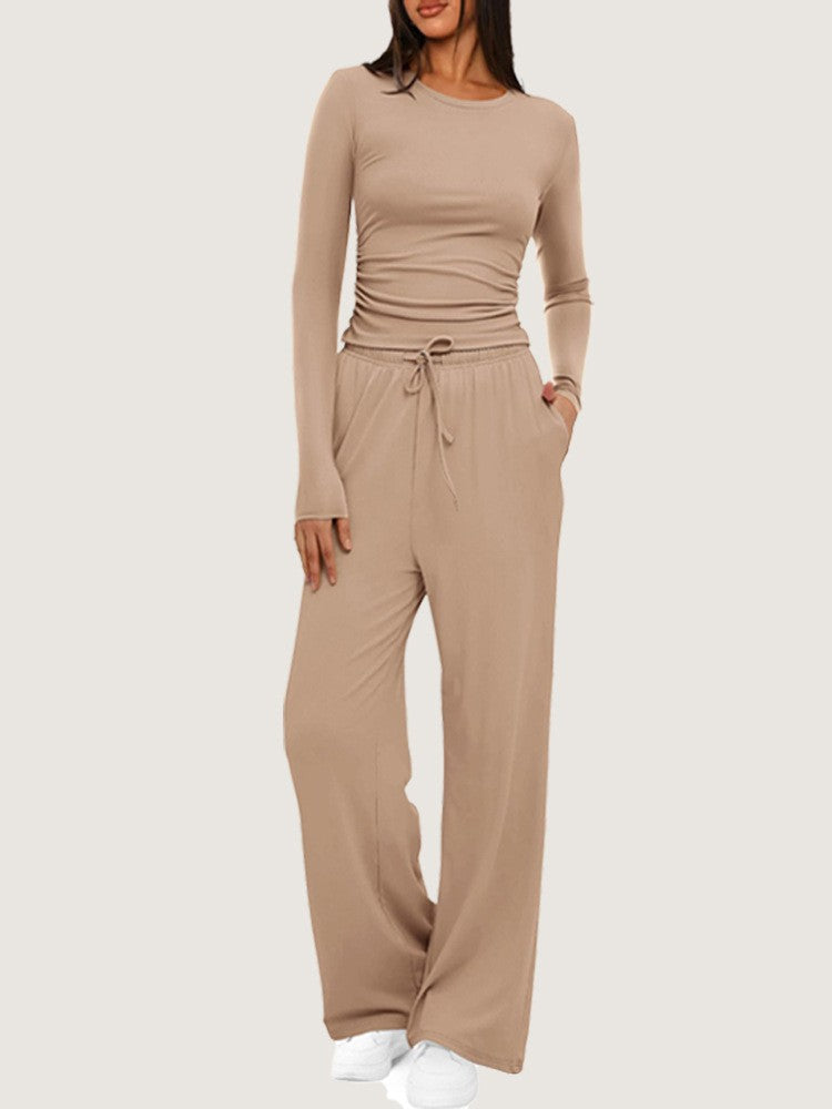 Side Ruched Crop Top Wide Leg Yoga Pants Set - Khaki