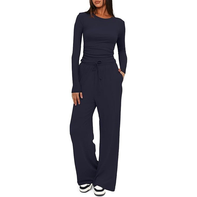 Side Ruched Crop Top Wide Leg Yoga Pants Set - Navy