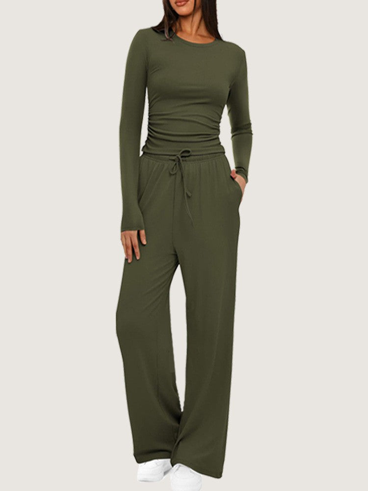 Side Ruched Crop Top Wide Leg Yoga Pants Set - Olive