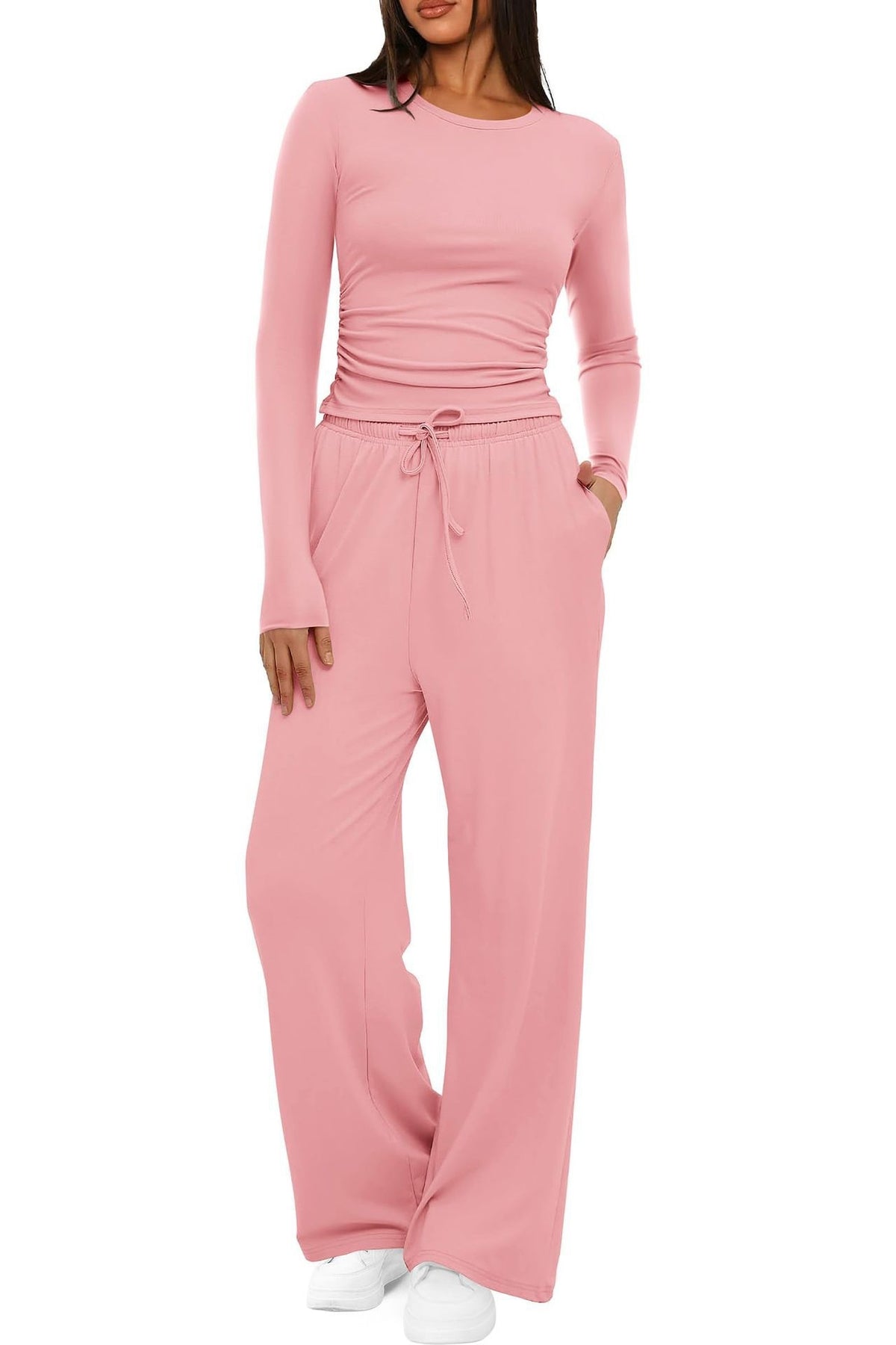 Side Ruched Crop Top Wide Leg Yoga Pants Set - Pink