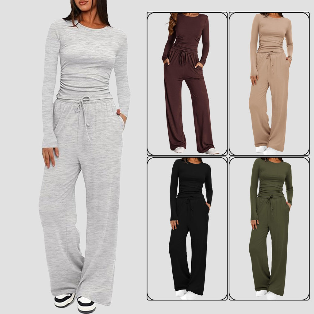 Side Ruched Crop Top Wide Leg Yoga Pants Set