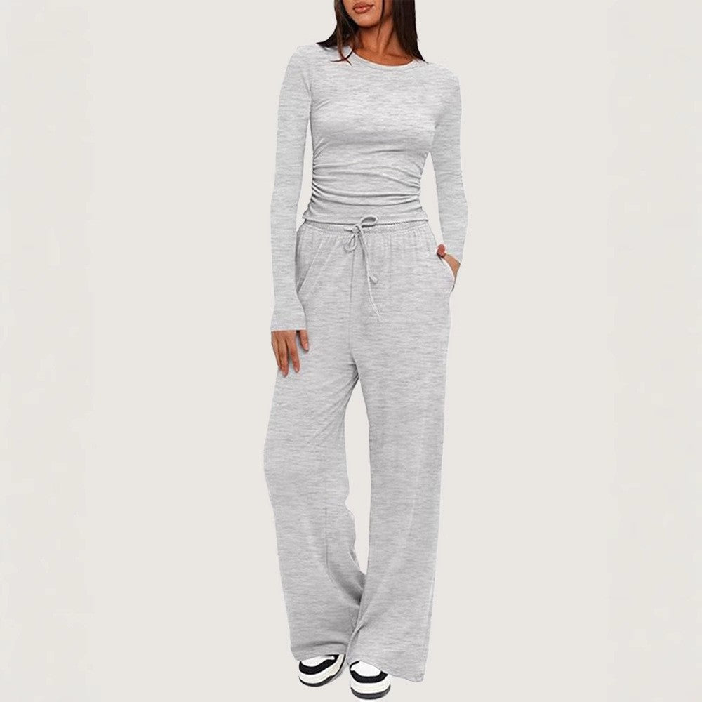 Side Ruched Crop Top Wide Leg Yoga Pants Set