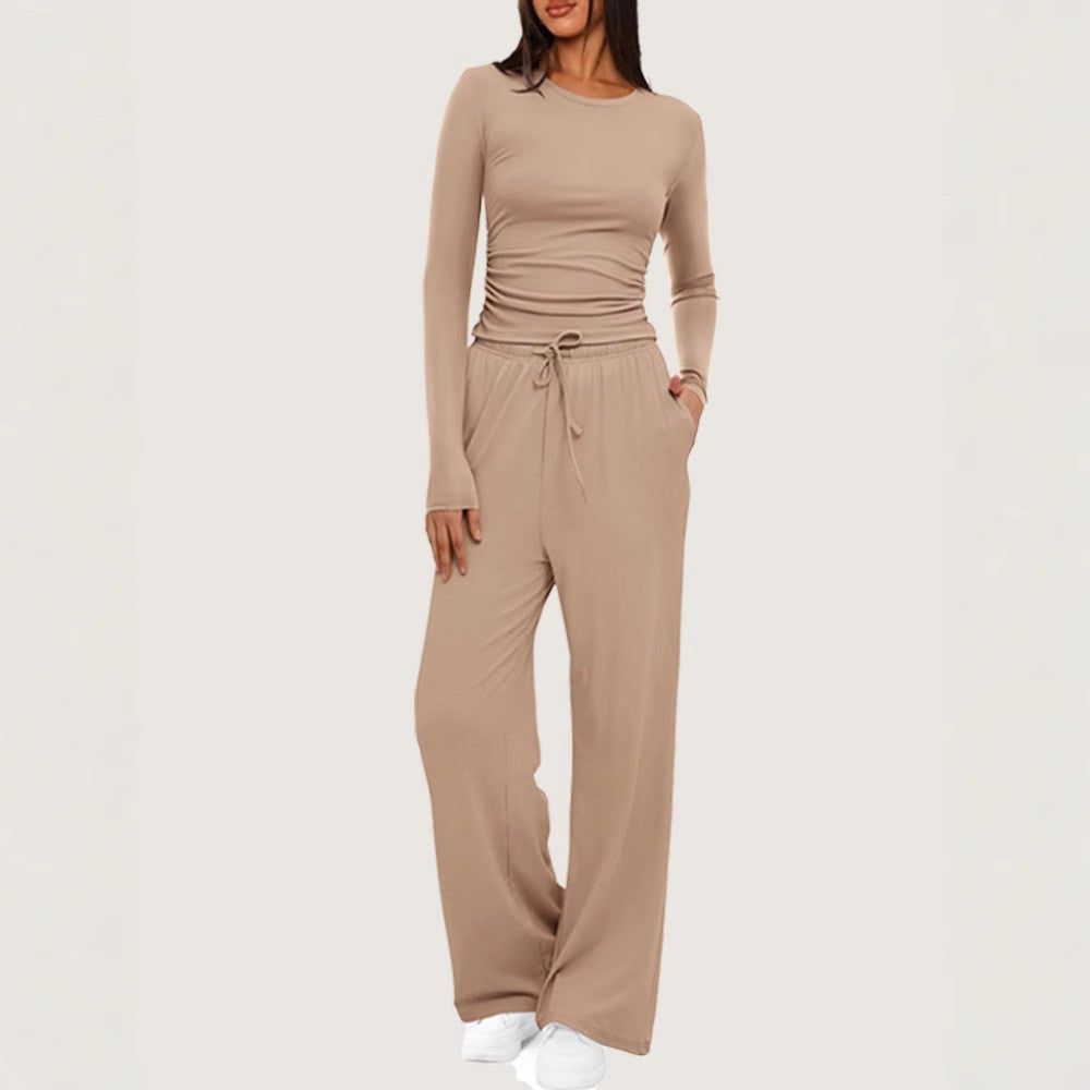 Side Ruched Crop Top Wide Leg Yoga Pants Set