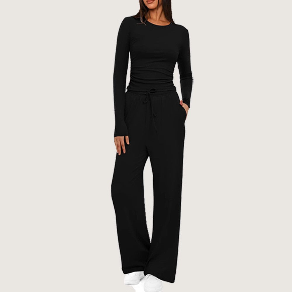 Side Ruched Crop Top Wide Leg Yoga Pants Set