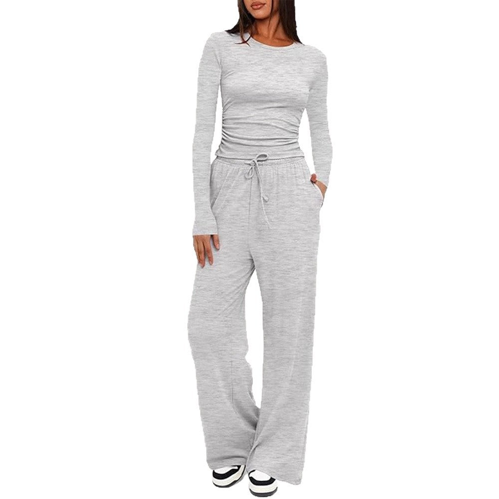 Side Ruched Crop Top Wide Leg Yoga Pants Set