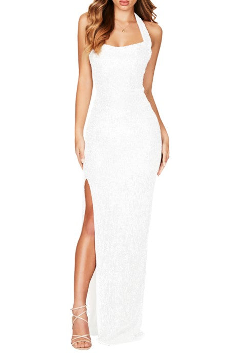 Sequin Halter Maxi Gown With High Slit - White