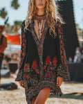 Boho Folk Print V-Neck Long Sleeve Mini Dress - Color