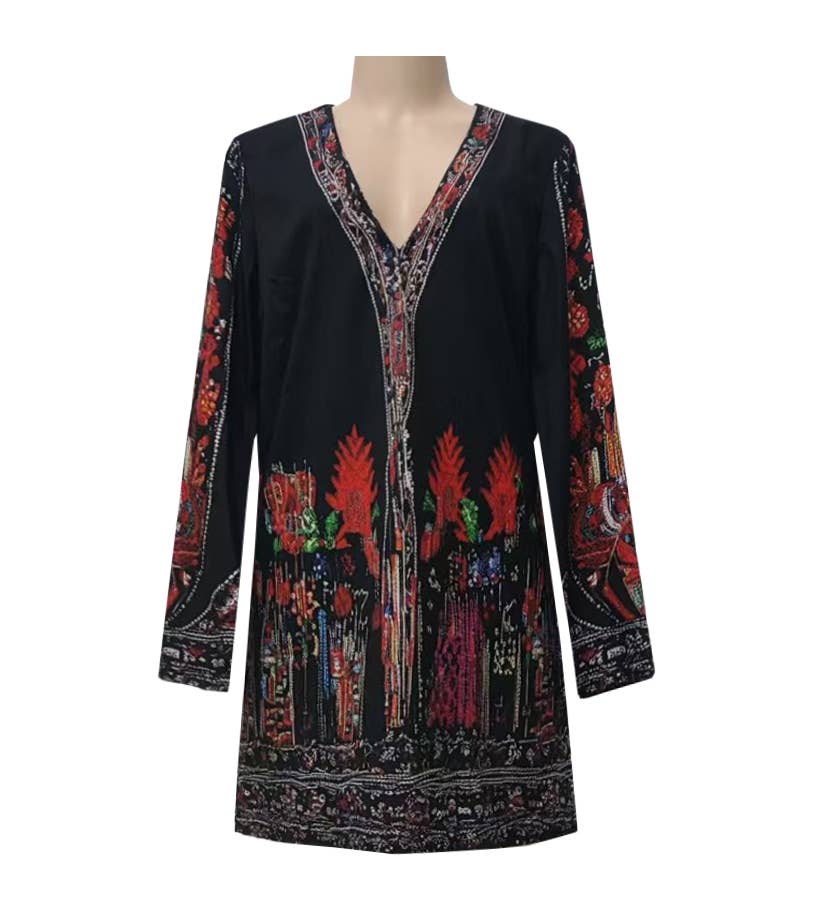 Boho Folk Print V-Neck Long Sleeve Mini Dress