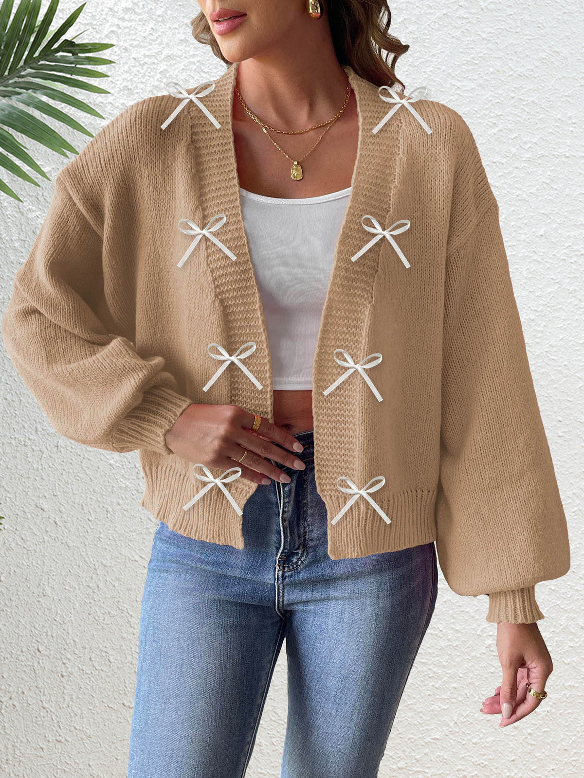 Ribbon Bow Open Front Knit Cardigan - Khaki