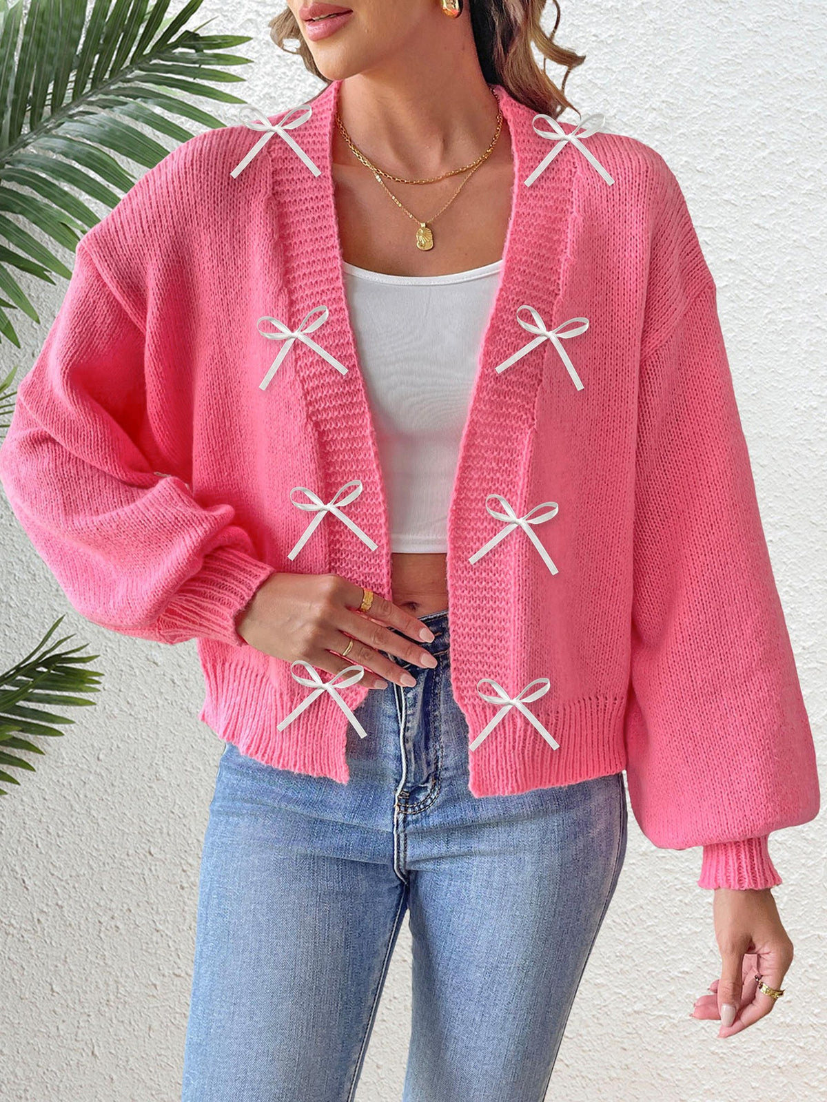 Ribbon Bow Open Front Knit Cardigan - Rose