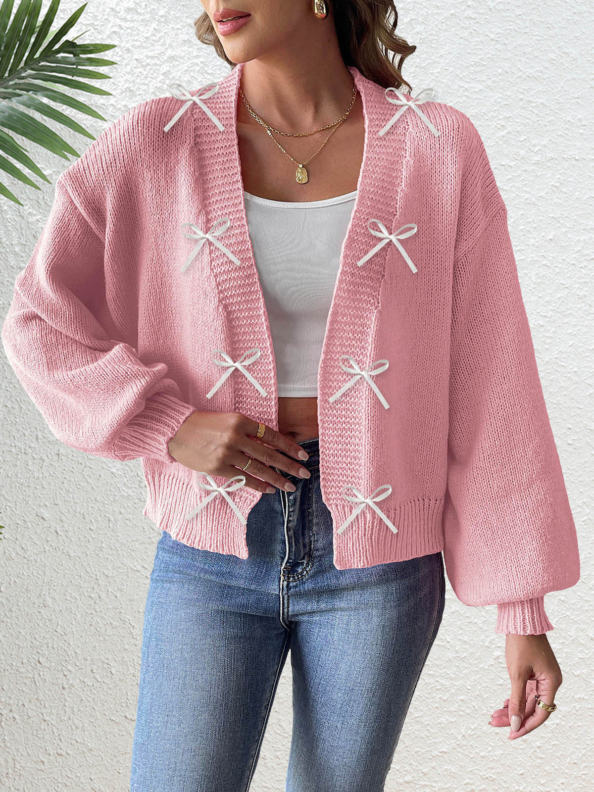 Ribbon Bow Open Front Knit Cardigan - view 1