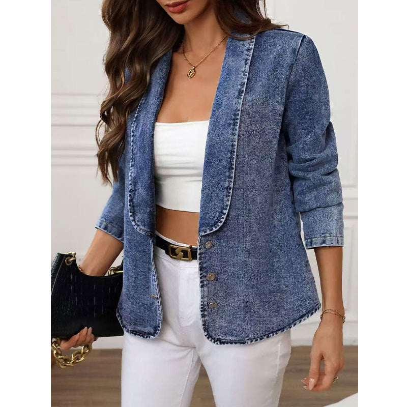 Frayed Trim Denim Shawl Collar Blazer - Blue - 1
