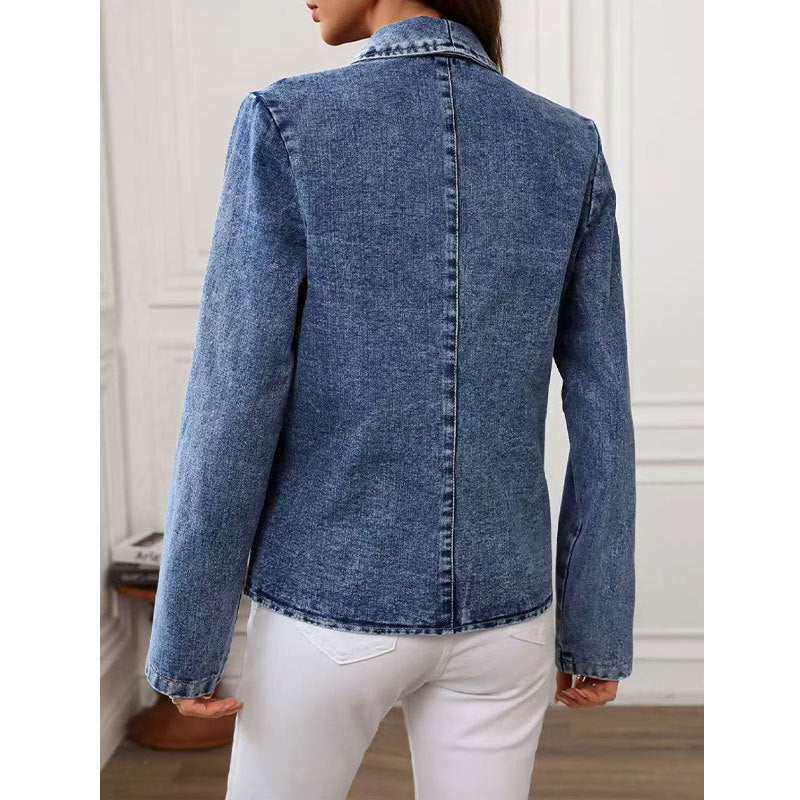 Frayed Trim Denim Shawl Collar Blazer - Blue - 2