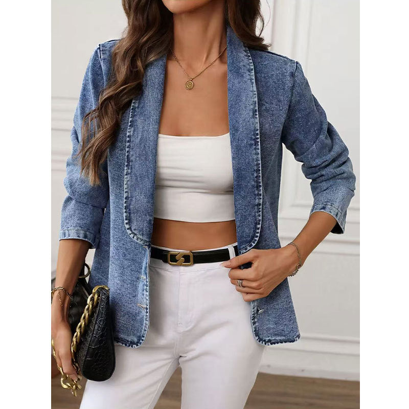 Frayed Trim Denim Shawl Collar Blazer - Blue - 3