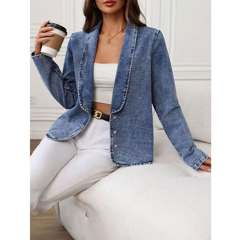 Frayed Trim Denim Shawl Collar Blazer - Blue - 4