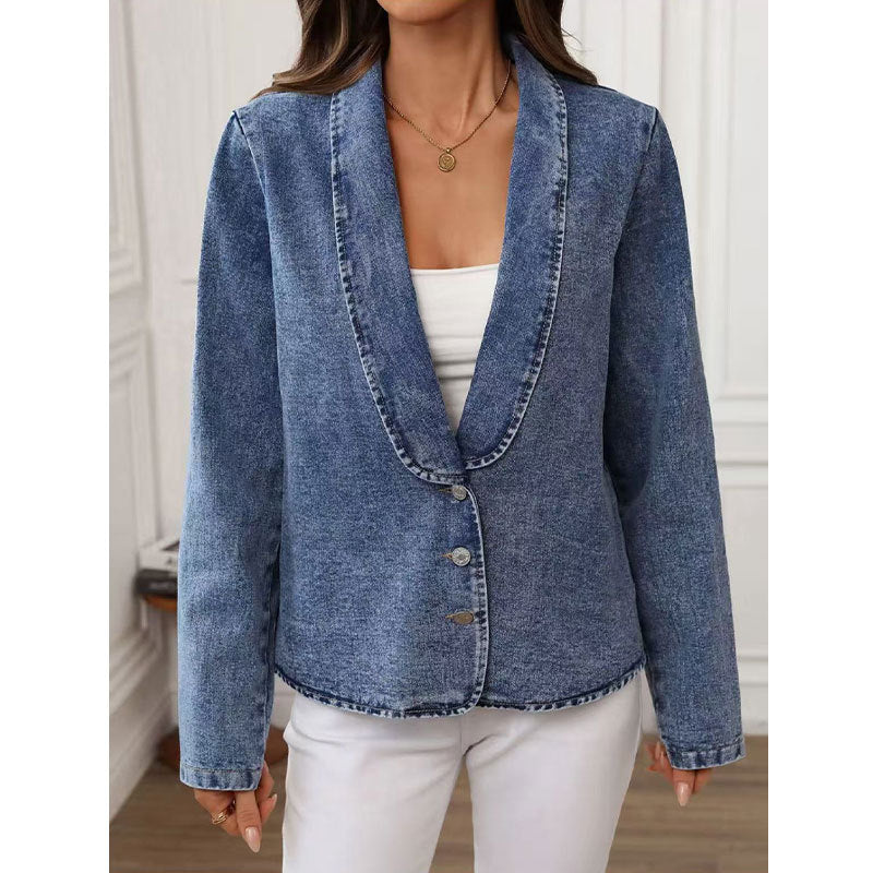 Frayed Trim Denim Shawl Collar Blazer - Blue - 5