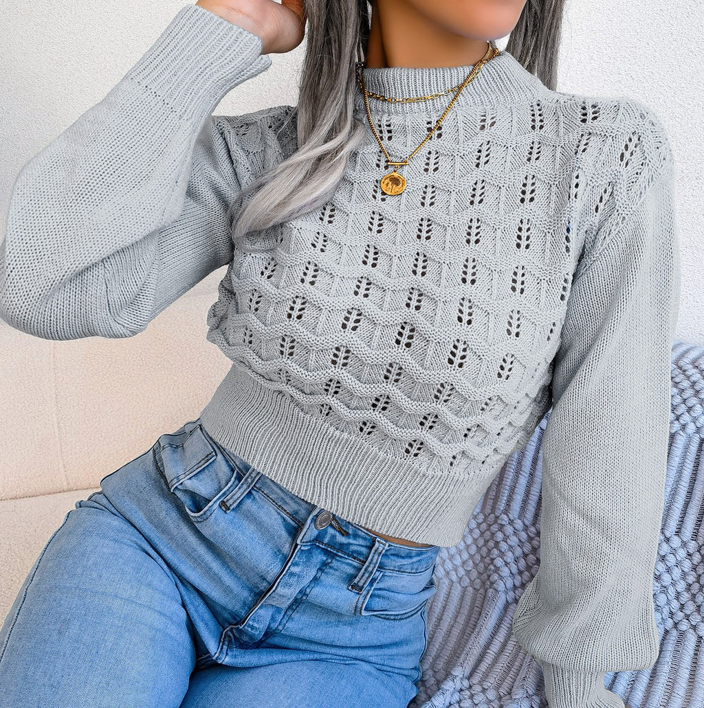 Pointelle Balloon Sleeve Cropped Knit Top - Grey