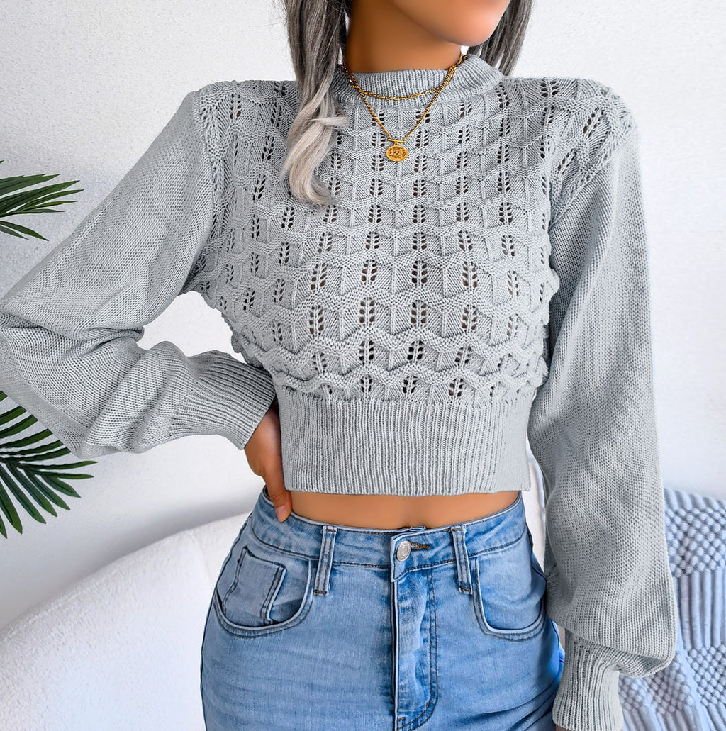 Pointelle Balloon Sleeve Cropped Knit Top - Grey - 1