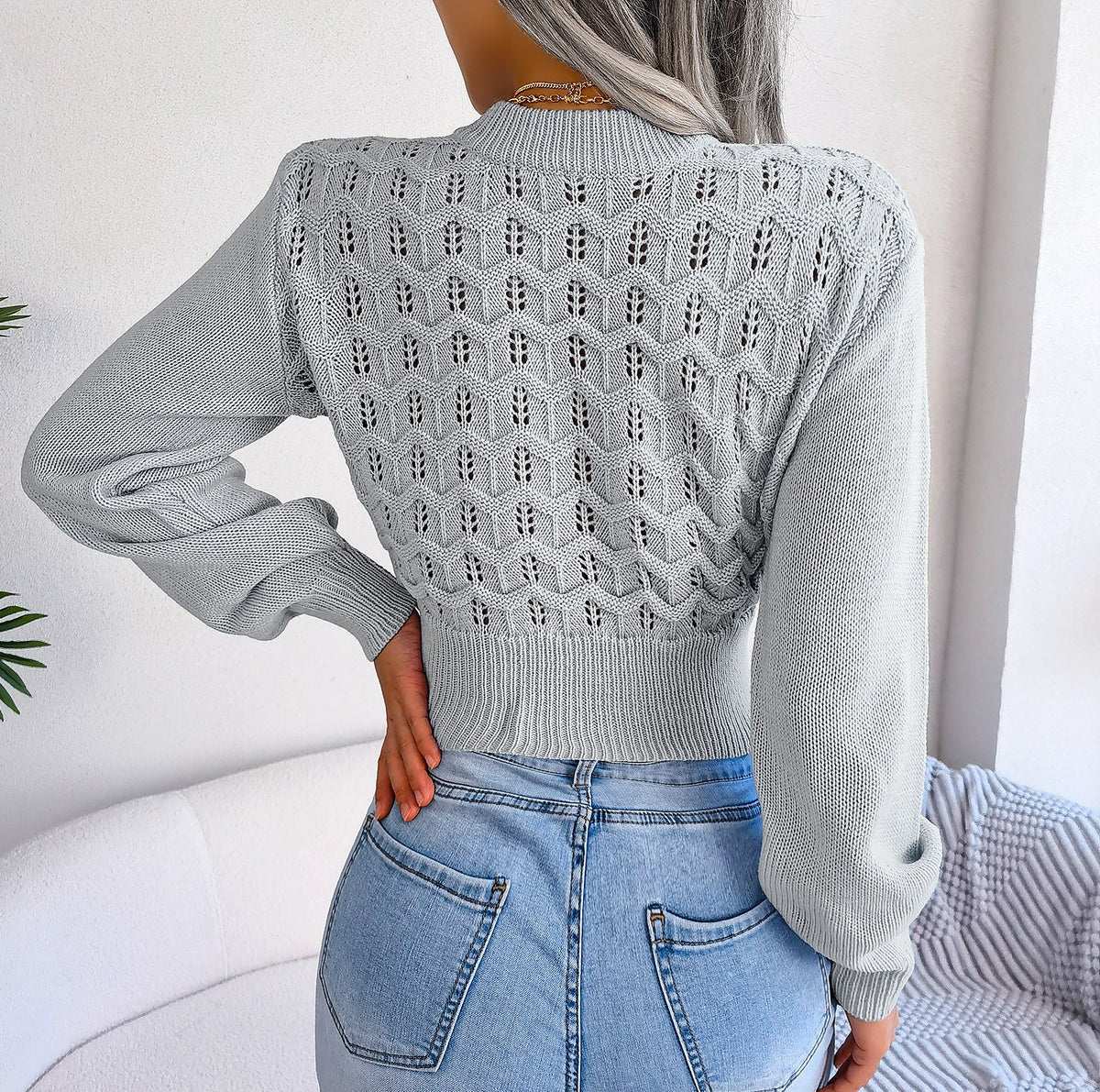 Pointelle Balloon Sleeve Cropped Knit Top - Grey - 3
