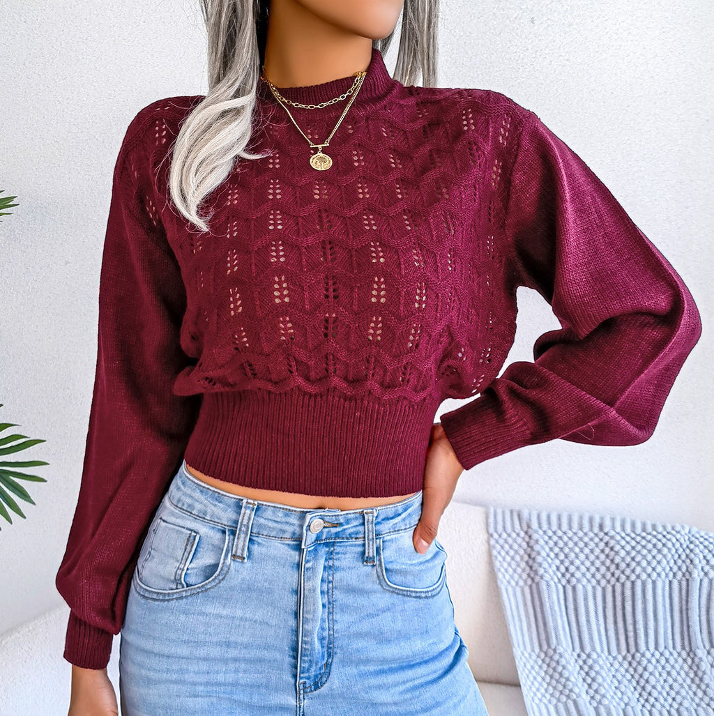 Pointelle Balloon Sleeve Cropped Knit Top - Wine Red