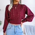 Pointelle Balloon Sleeve Cropped Knit Top - Wine Red