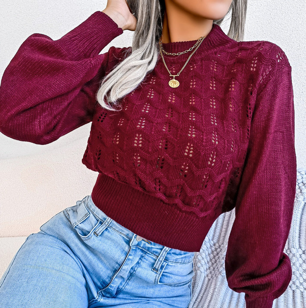 Pointelle Balloon Sleeve Cropped Knit Top - Wine Red - 1