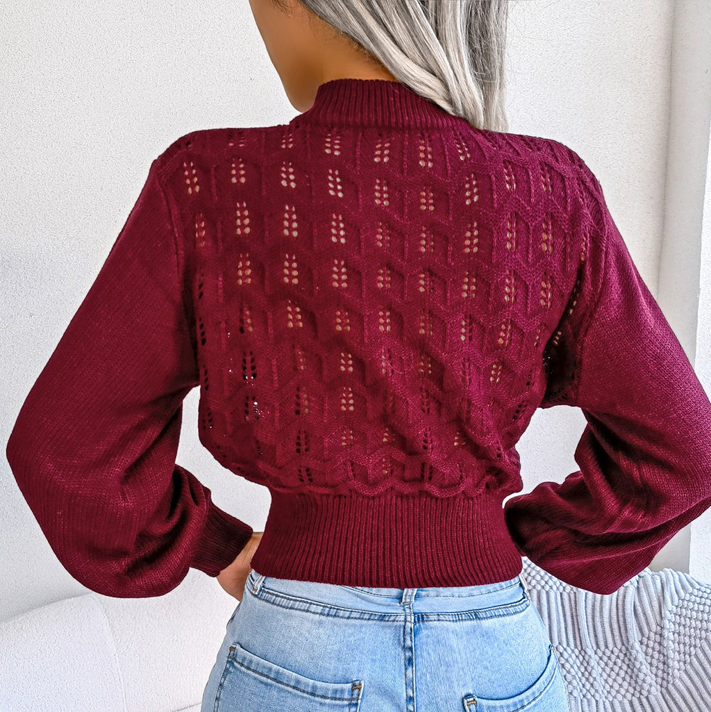 Pointelle Balloon Sleeve Cropped Knit Top - Wine Red - 2