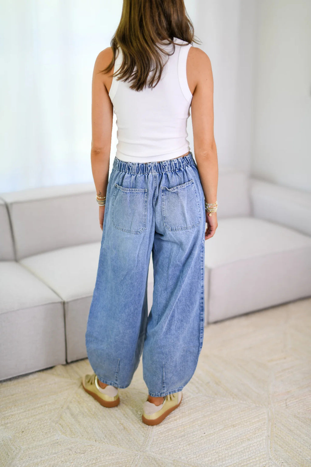 Elasticated Barrel Leg Denim Jeans - Lightblue - 1