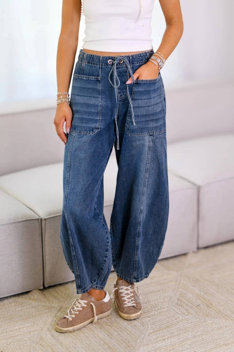 Elasticated Barrel Leg Denim Jeans
