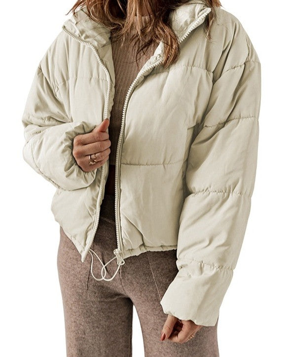 Cropped Zip Up Hooded Puffer Jacket - Apricot