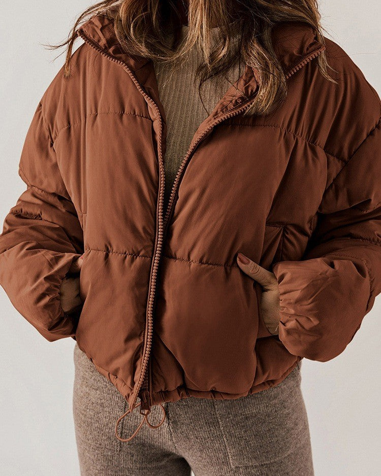Cropped Zip Up Hooded Puffer Jacket - Orange - 1