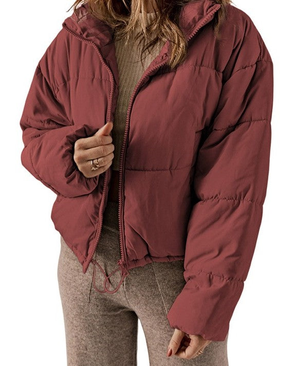 Cropped Zip Up Hooded Puffer Jacket - Wine-Red
