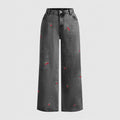 Cherry Embroidered Wide Leg Baggy Jeans - BlackGrey