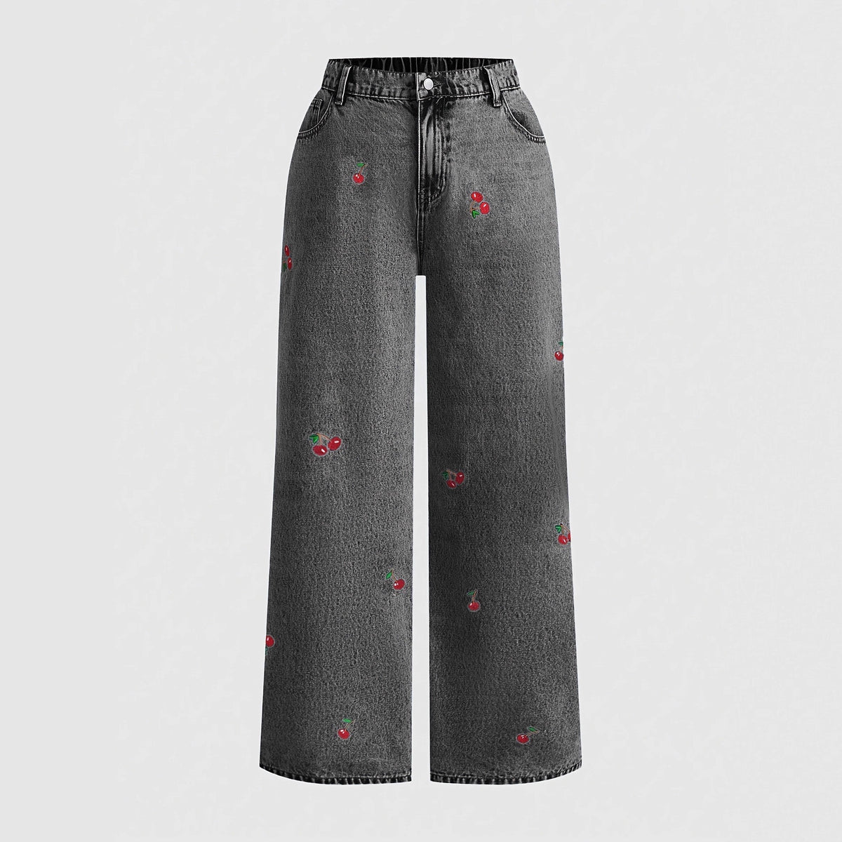 Cherry Embroidered Wide Leg Baggy Jeans - BlackGrey