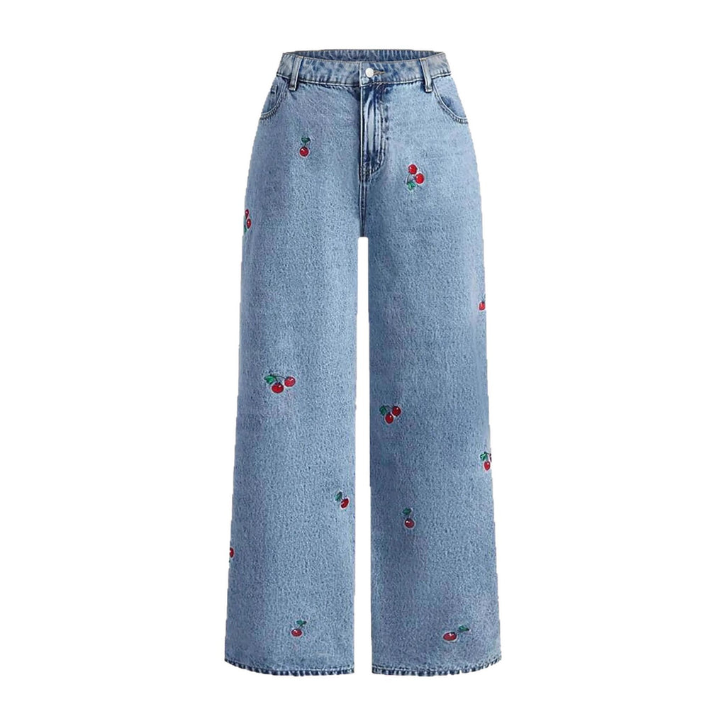 Cherry Embroidered Wide Leg Baggy Jeans - Blue