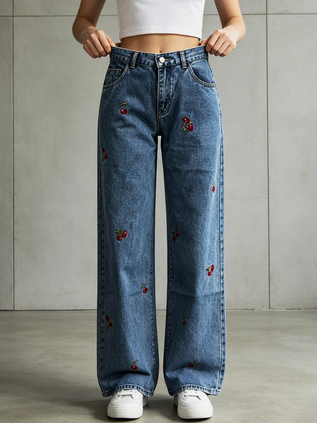 Cherry Embroidered Wide Leg Baggy Jeans