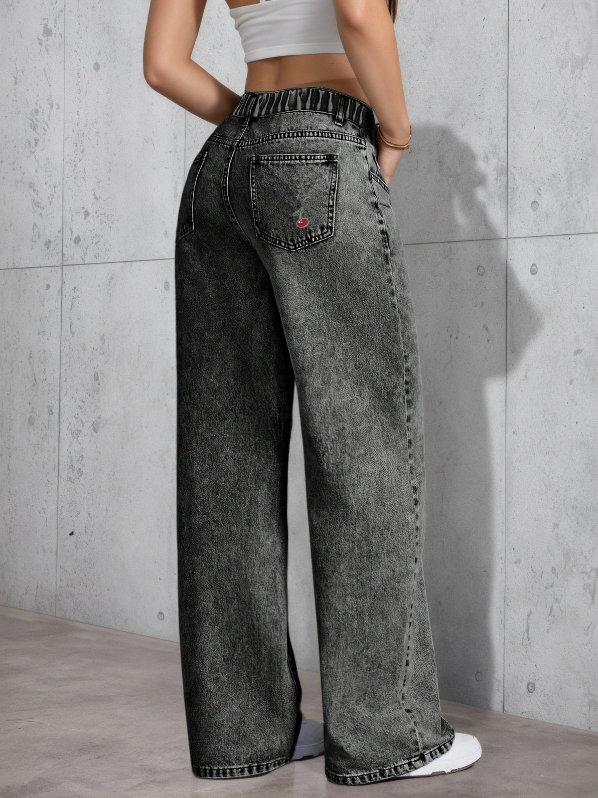 Cherry Embroidered Wide Leg Baggy Jeans - view 2