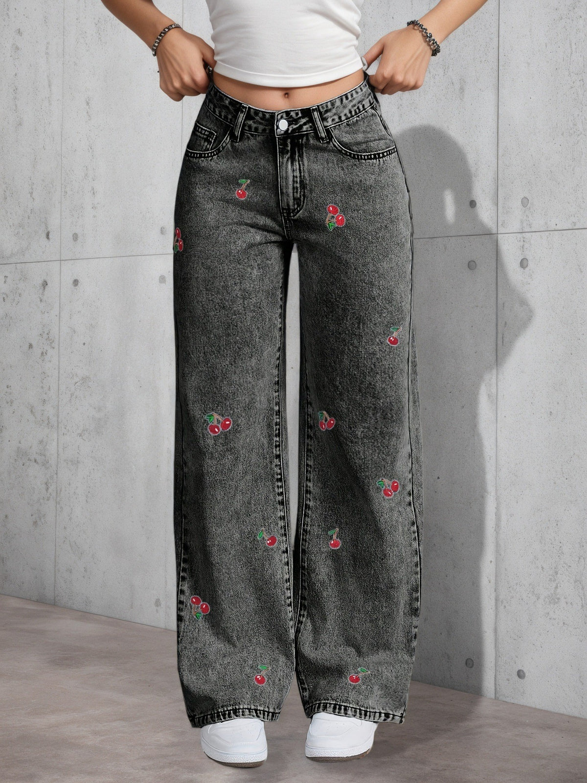 Cherry Embroidered Wide Leg Baggy Jeans - view 3
