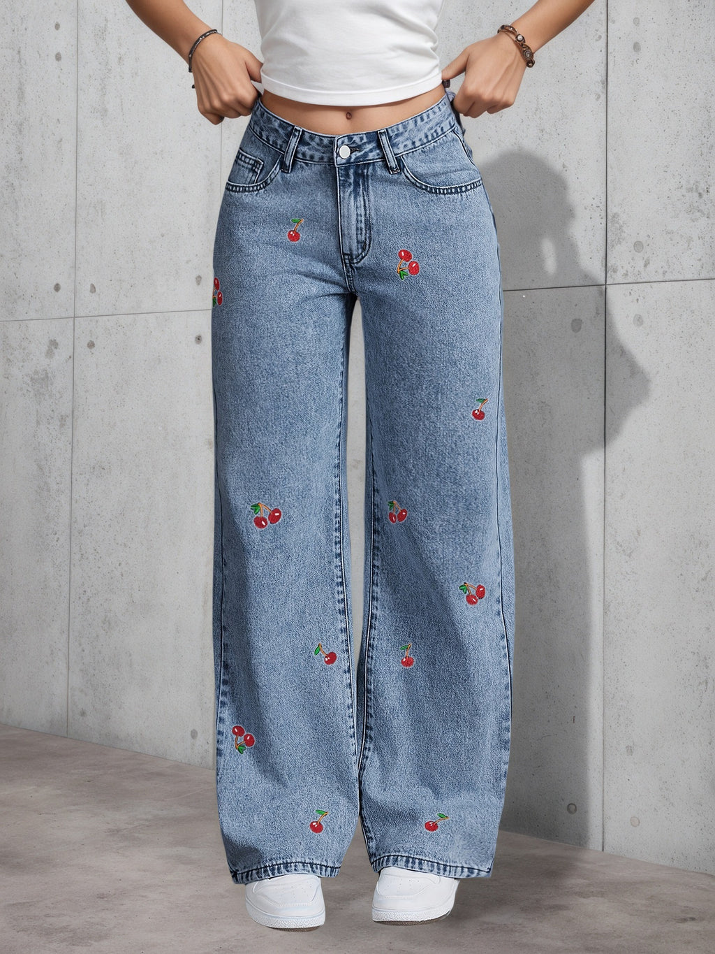 Cherry Embroidered Wide Leg Baggy Jeans - view 4