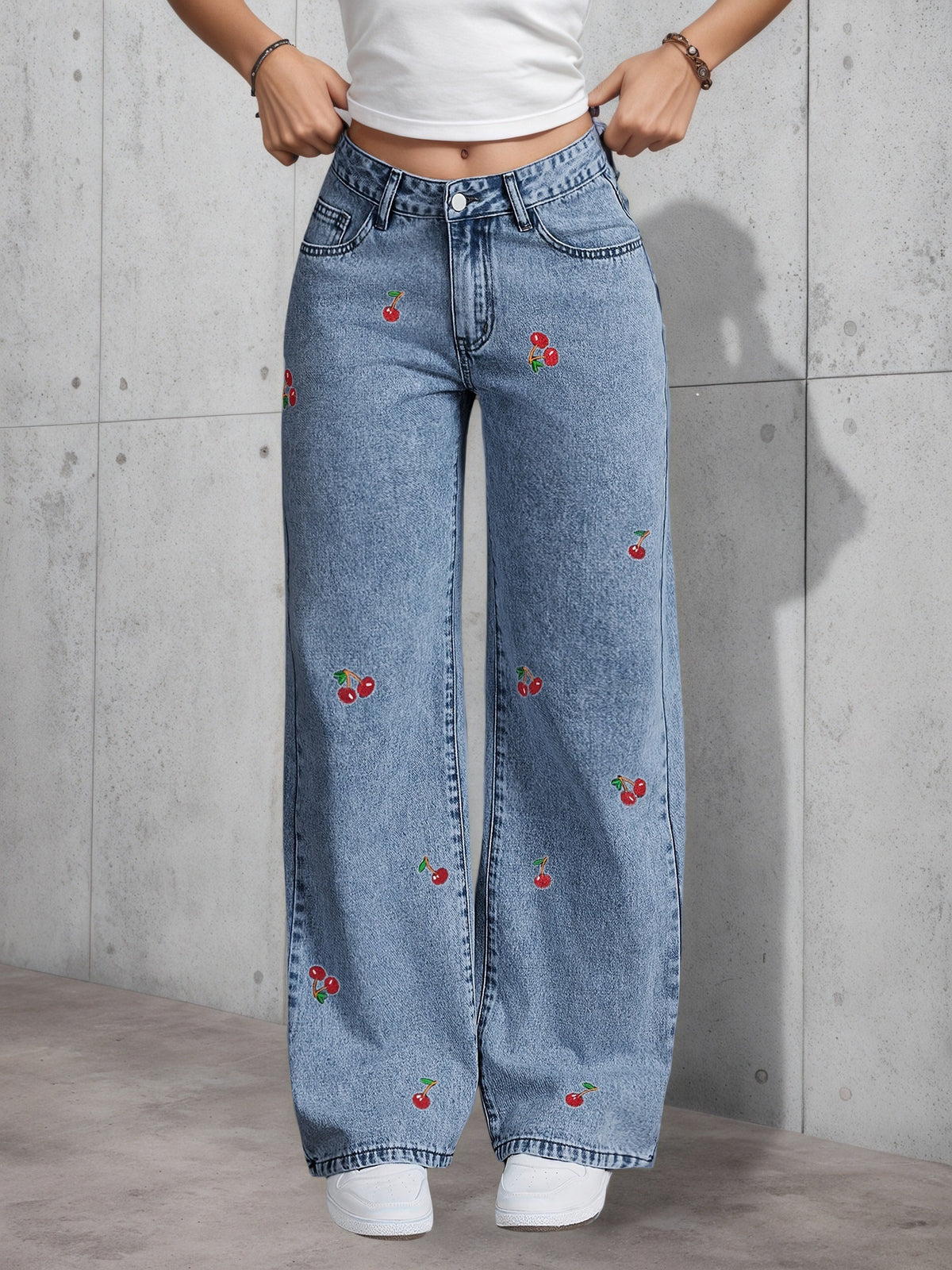 Cherry Embroidered Wide Leg Baggy Jeans - view 4