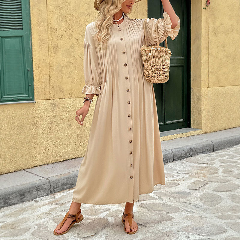Pleated Button Front Long Sleeve Maxi Dress - view 1