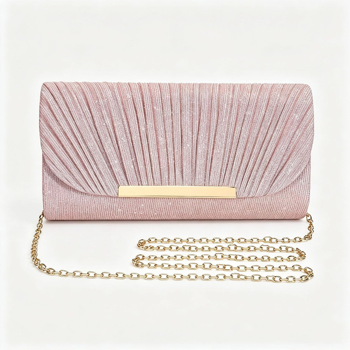 Pleated Glitter Envelope Clutch with Chain Strap