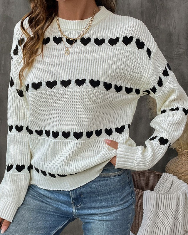 Heart Stripe Ribbed Crewneck Knit Sweater - White - 1