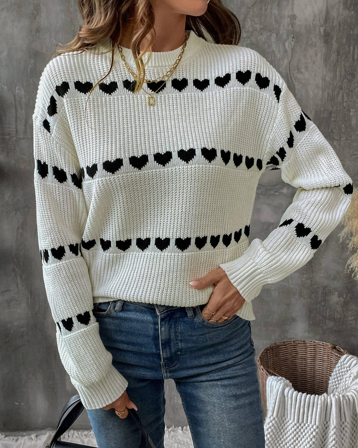 Heart Stripe Ribbed Crewneck Knit Sweater