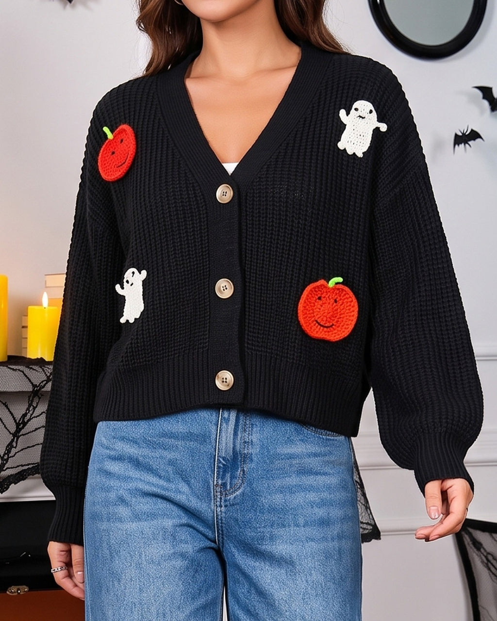 Cropped Cardigan With Ghost And Pumpkin Patches - Black