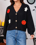 Cropped Cardigan With Ghost And Pumpkin Patches - Black