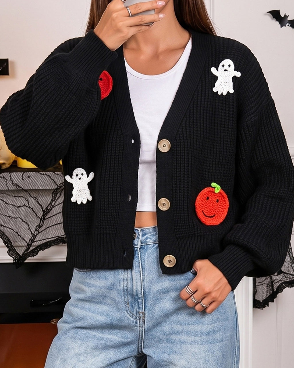 Cropped Cardigan With Ghost And Pumpkin Patches - Black - 1