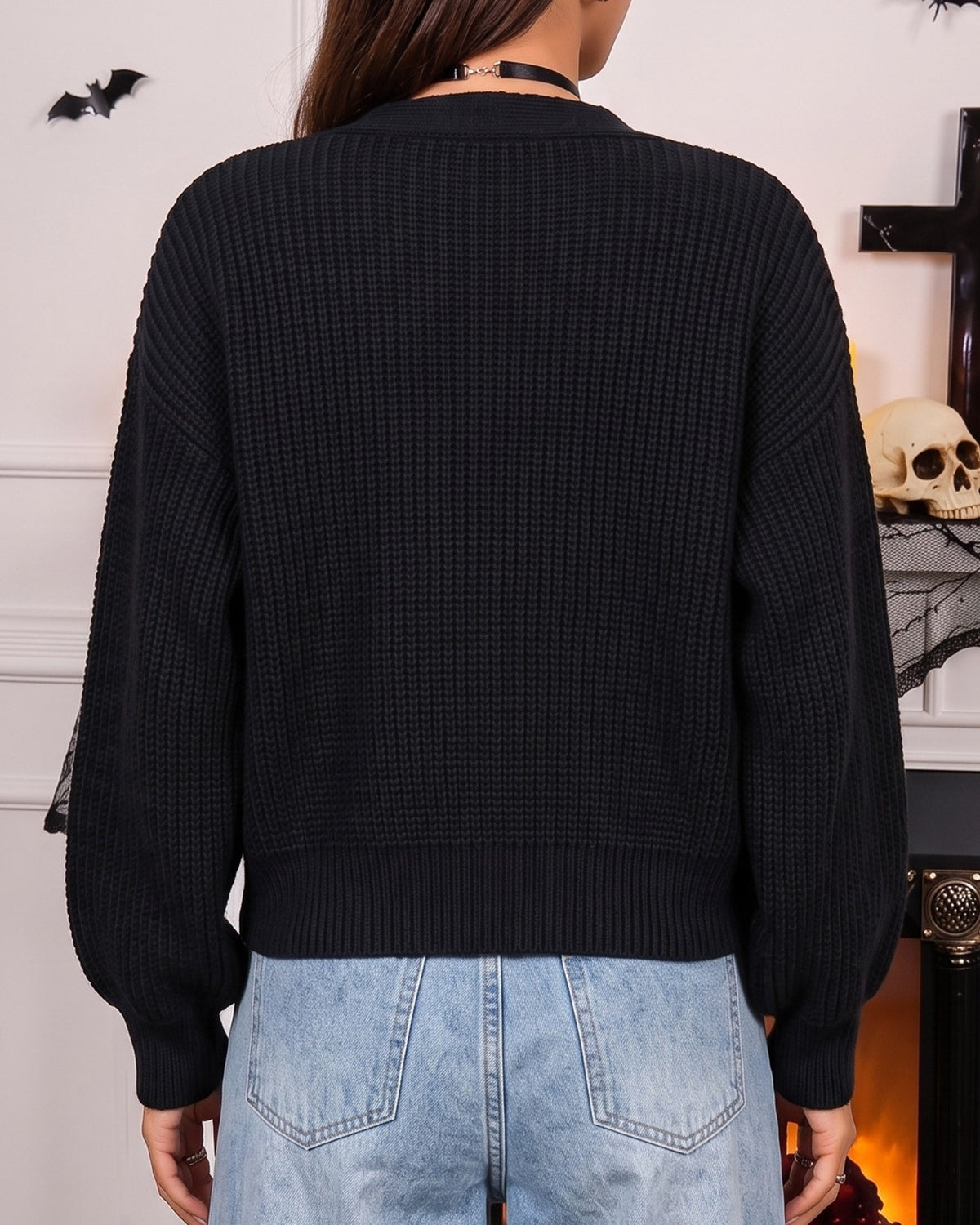 Cropped Cardigan With Ghost And Pumpkin Patches - Black - 2