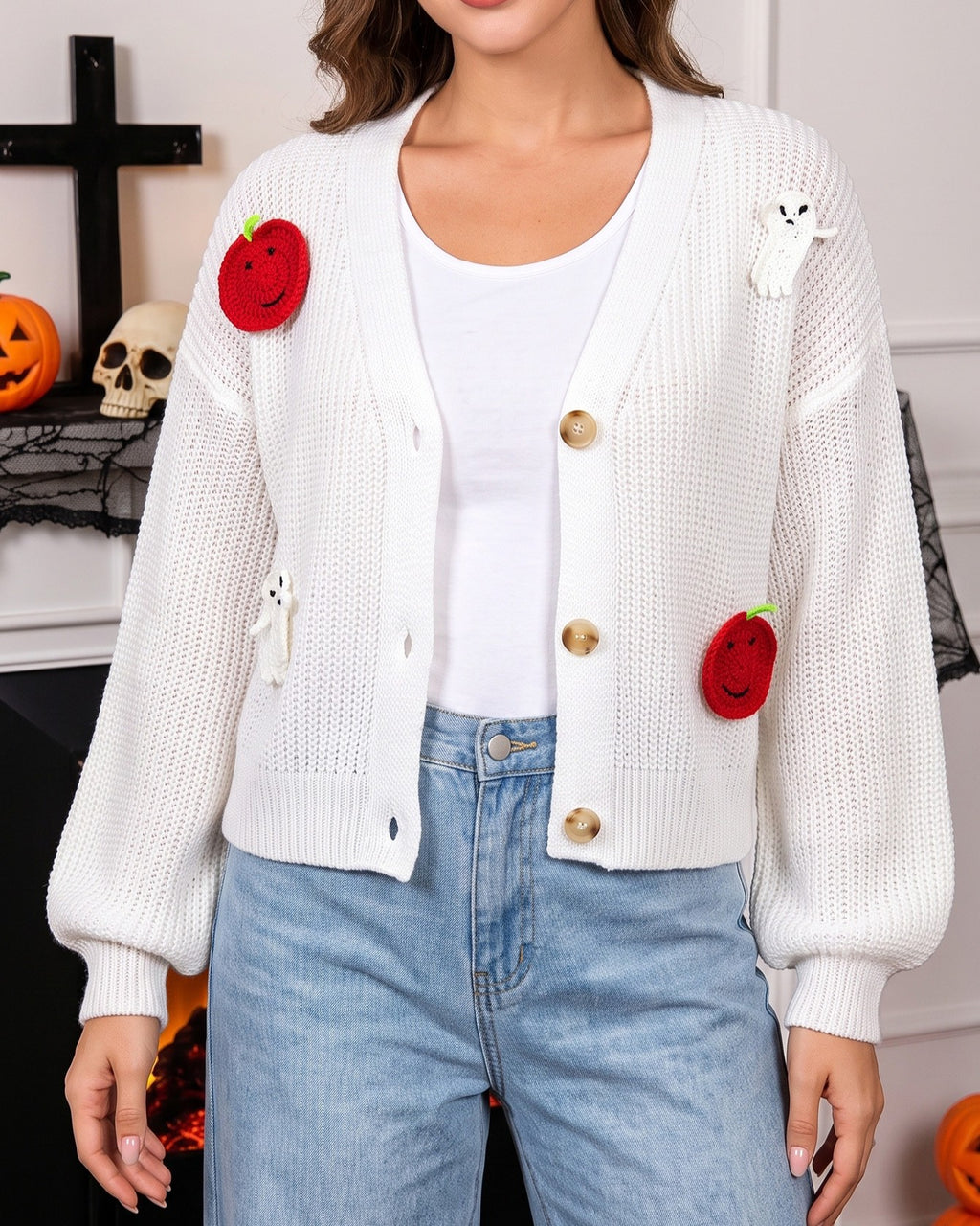Cropped Cardigan With Ghost And Pumpkin Patches - White